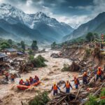 Equipes de resgate em botes e moradores às margens de um rio caudaloso com águas barrentas, em meio a casas destruídas e montanhas nevadas na fronteira entre Nepal e Tibete após inundação repentina.