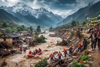Equipes de resgate em botes e moradores às margens de um rio caudaloso com águas barrentas, em meio a casas destruídas e montanhas nevadas na fronteira entre Nepal e Tibete após inundação repentina.