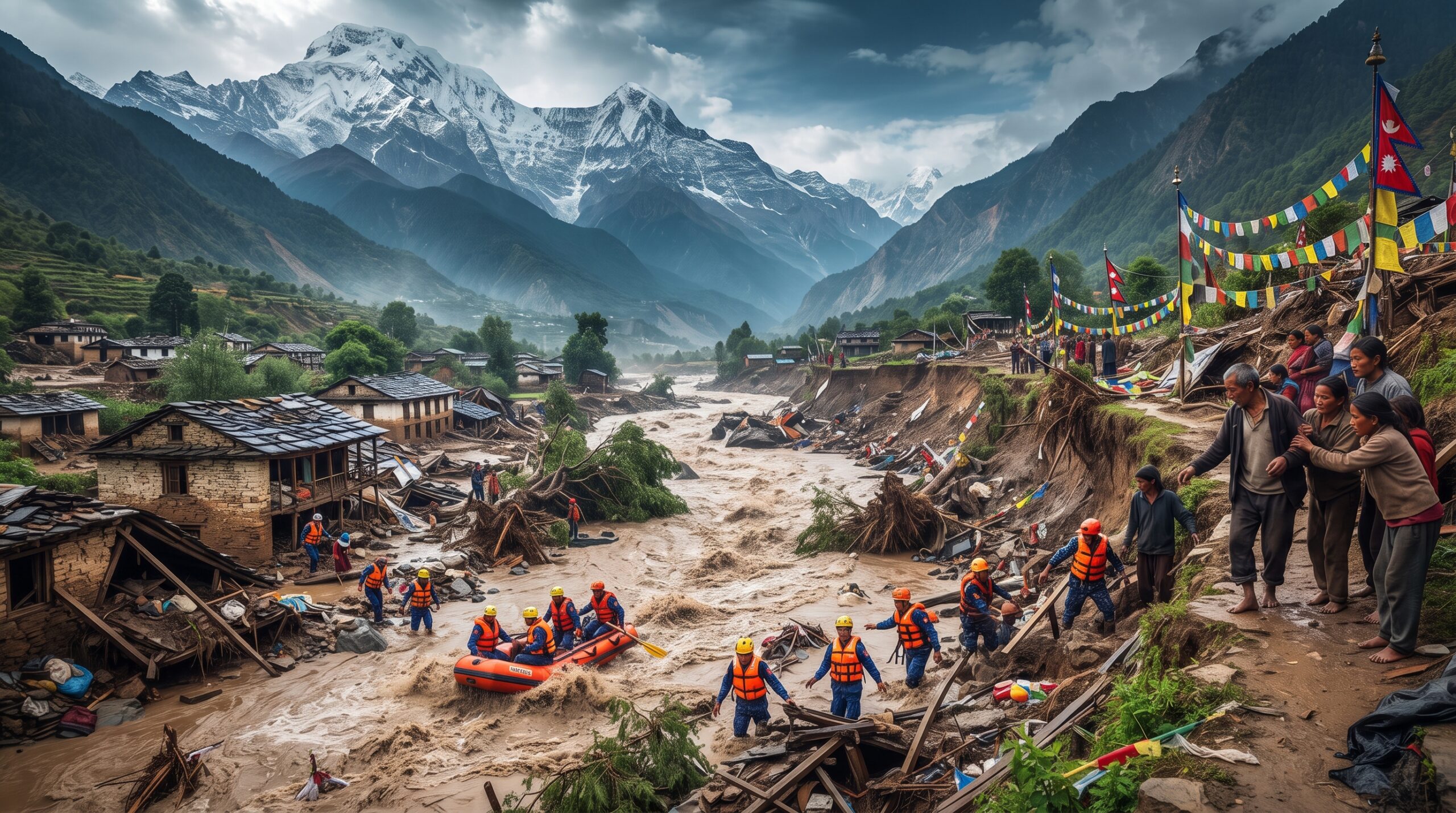 Equipes de resgate em botes e moradores às margens de um rio caudaloso com águas barrentas, em meio a casas destruídas e montanhas nevadas na fronteira entre Nepal e Tibete após inundação repentina.