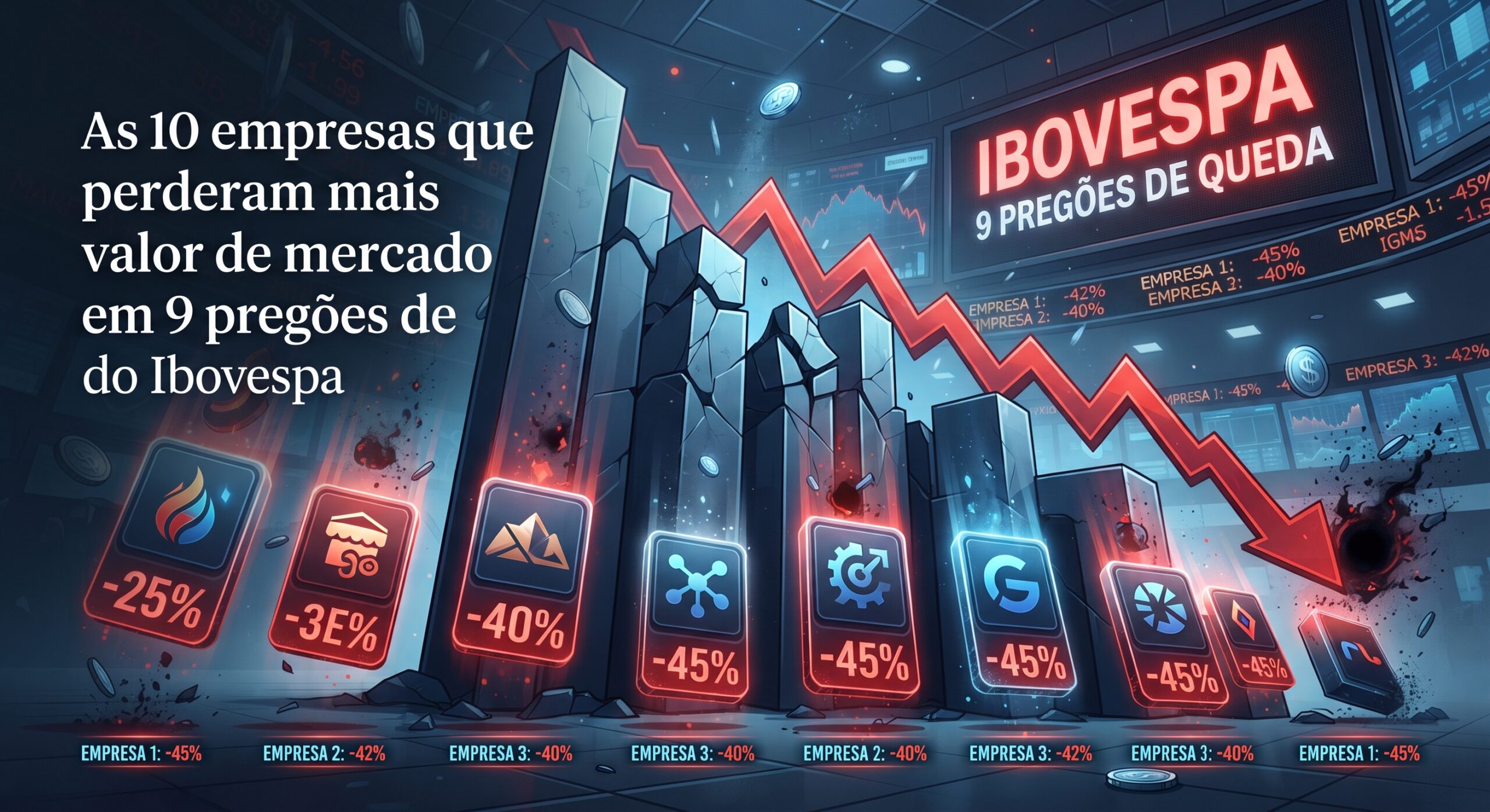 Bolsa de valores gráfico de queda tela de mercado financeiro | perda de valor de mercado | As 10 empresas que perderam mais valor de mercado em 9 pregões de queda do Ibovespa